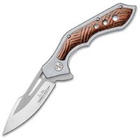 Hibben Folding Hurricane Linerlock Pocket Knife | Stainless handle with brown wood onlay GH5108